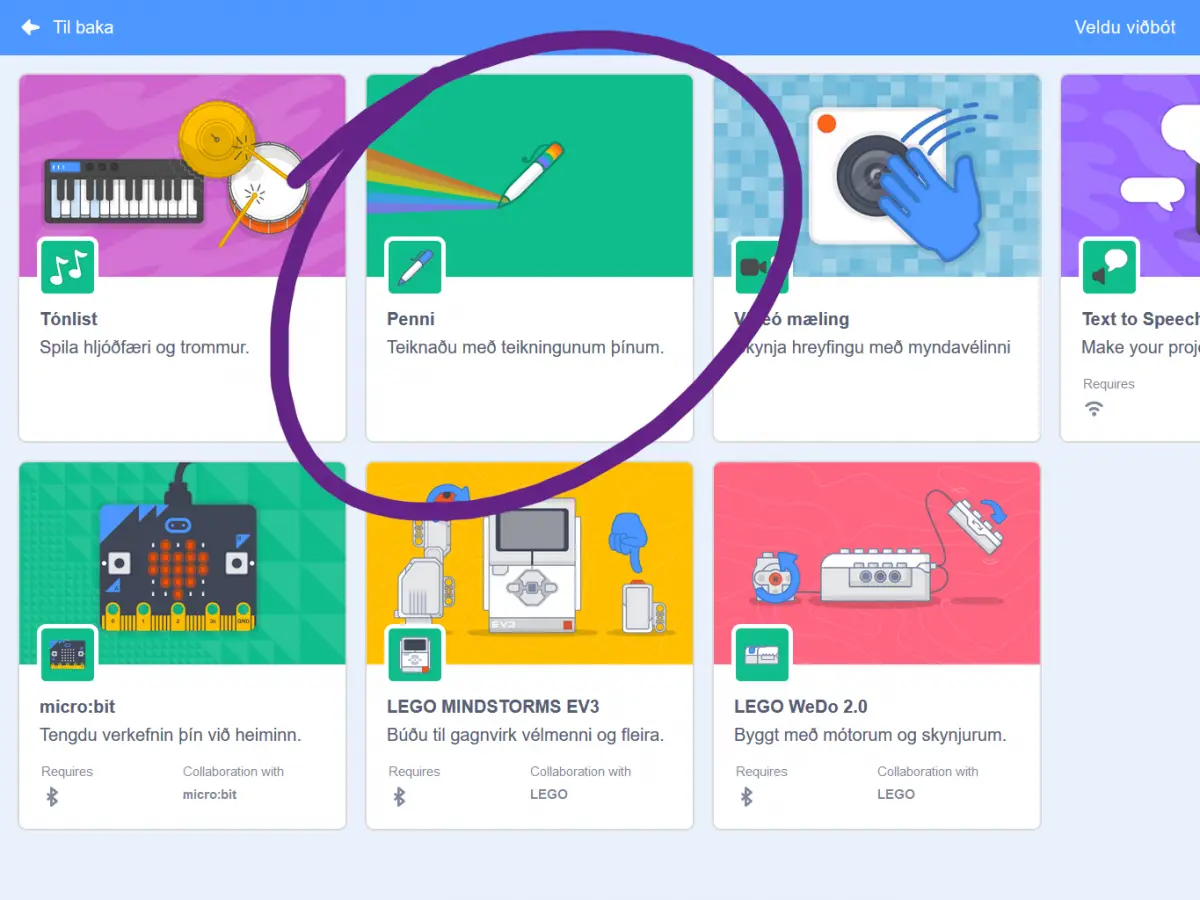 Pennaviðbót valin í Scratch