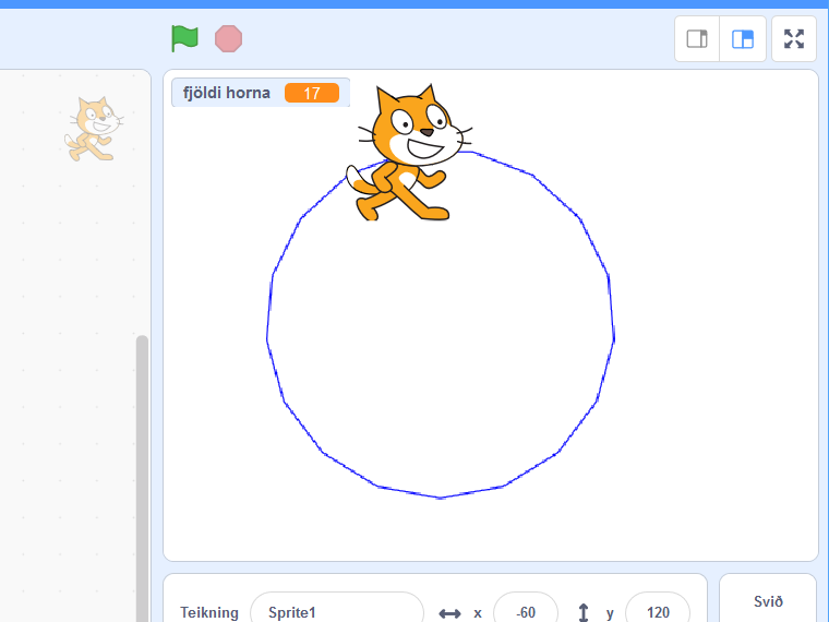n-hyrningur teiknaður í Scratch
