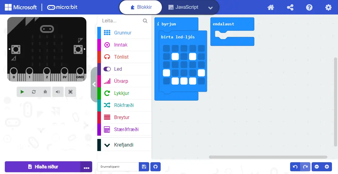 Mynd teiknuð á micro:bit skjá í MakeCode