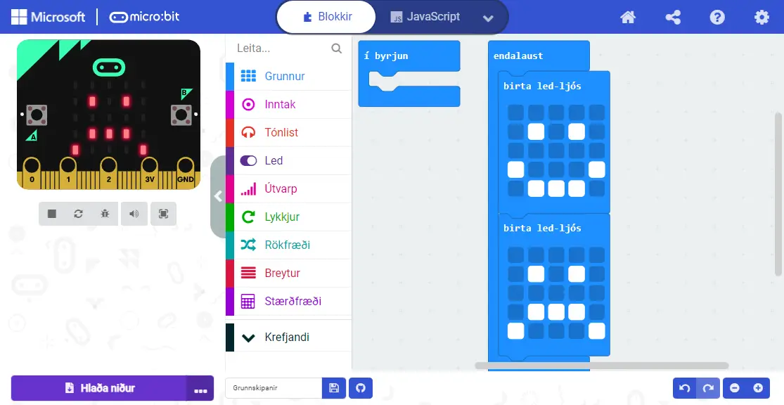 Tvær myndir birtar til skiptis í endalausri lykkju í MakeCode
