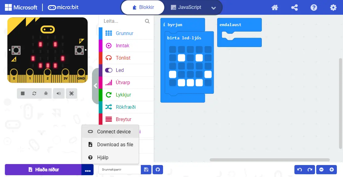 Connect Device valkostur í MakeCode