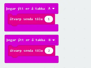Microbit sendir 1 eða 2 þegar ýtt er á takka