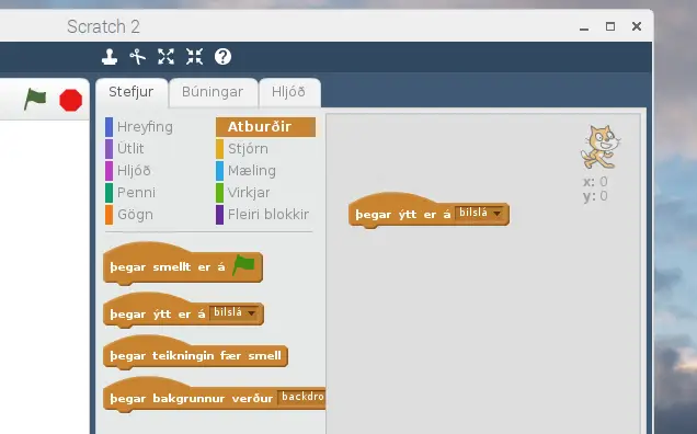 Atburður valinn í Scratch til að ræsa forrit