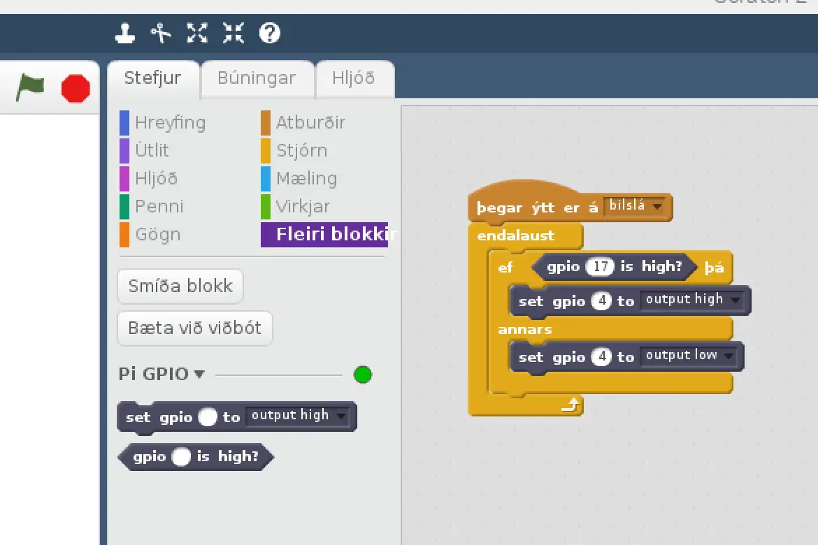 Scratch forrit sem les rofa á GPIO pinna