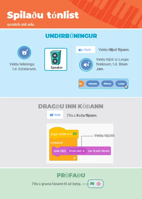 Scratch tónlistarforritun: spilaðu tónlist, skref 2