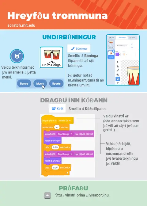 Scratch tónlistarforritun: hreyfðu trommuna, skref 2